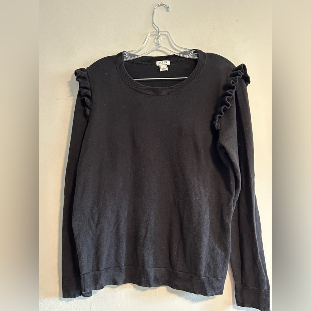 Crew Black Ruffle Shoulder Sweater Medium Cotton Knit Classic Pullover